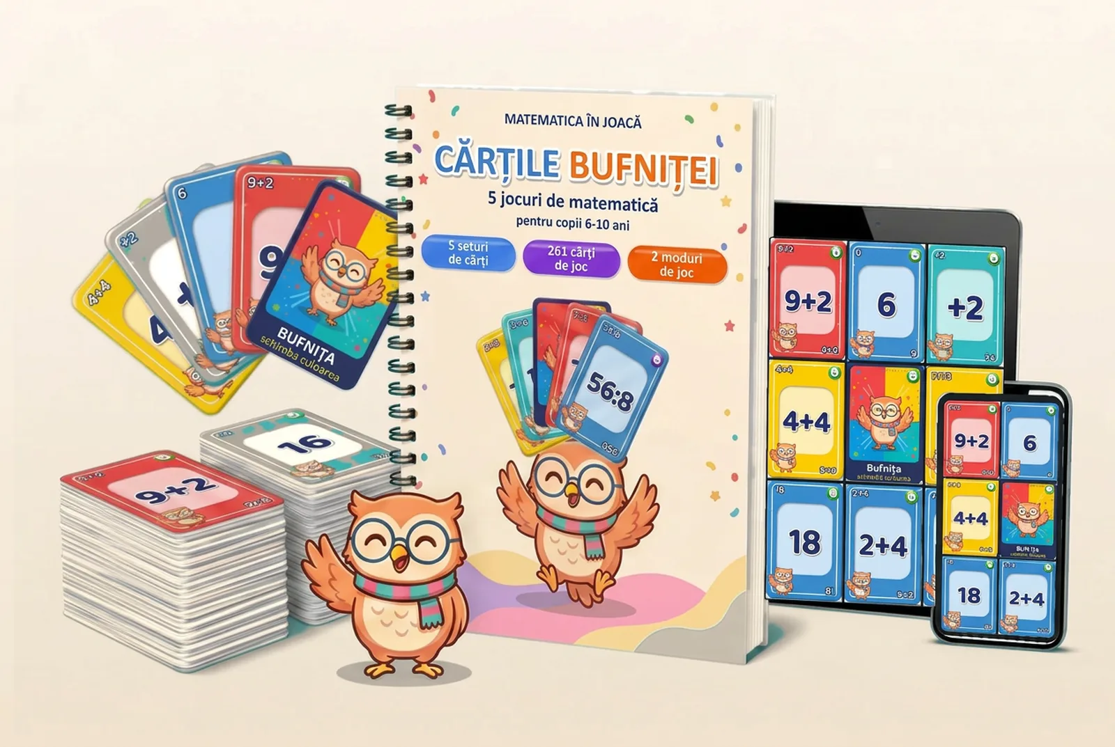 Cărțile Bufniței — pachete de cărți, instrucțiuni, tabletă și telefon